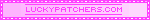 Blinkie-style graphic, a light pink to white gradient background, with dark pink text, and dark pink and white flashing border. Text reads: 'luckypatchers.com'.