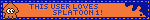 Blinkie-style graphic, blue and orange background with inky-goopy style borders. A small squid pixel graphic to the left in orange. Text reads, 'This user likes Splatoon 1!'
